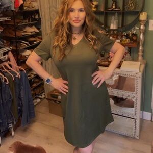 NWT| T Shirt Dress V Neck| Olive Green| Casual Soft Cozy Stretchy| Everyday Wear